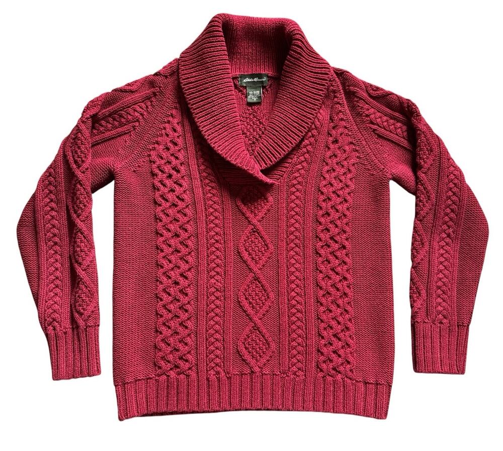 Eddie Bauer Fisherman Sweater Cable Knit Red Preppy Academia Cotton Heritage